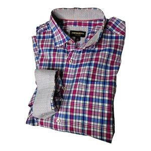 Johnston & Murphy Buttondown Shirt Woven Cotton Preppy Golf Chic Plaid Contrast